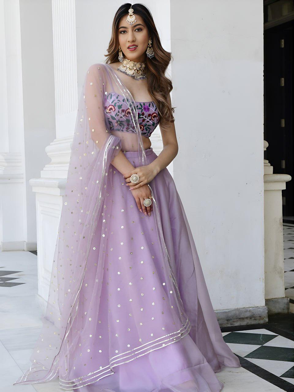 Lavender Organza Lehenga Choli, Floral Embroidered Blouse, Gota Patti Dupatta, Wedding Set