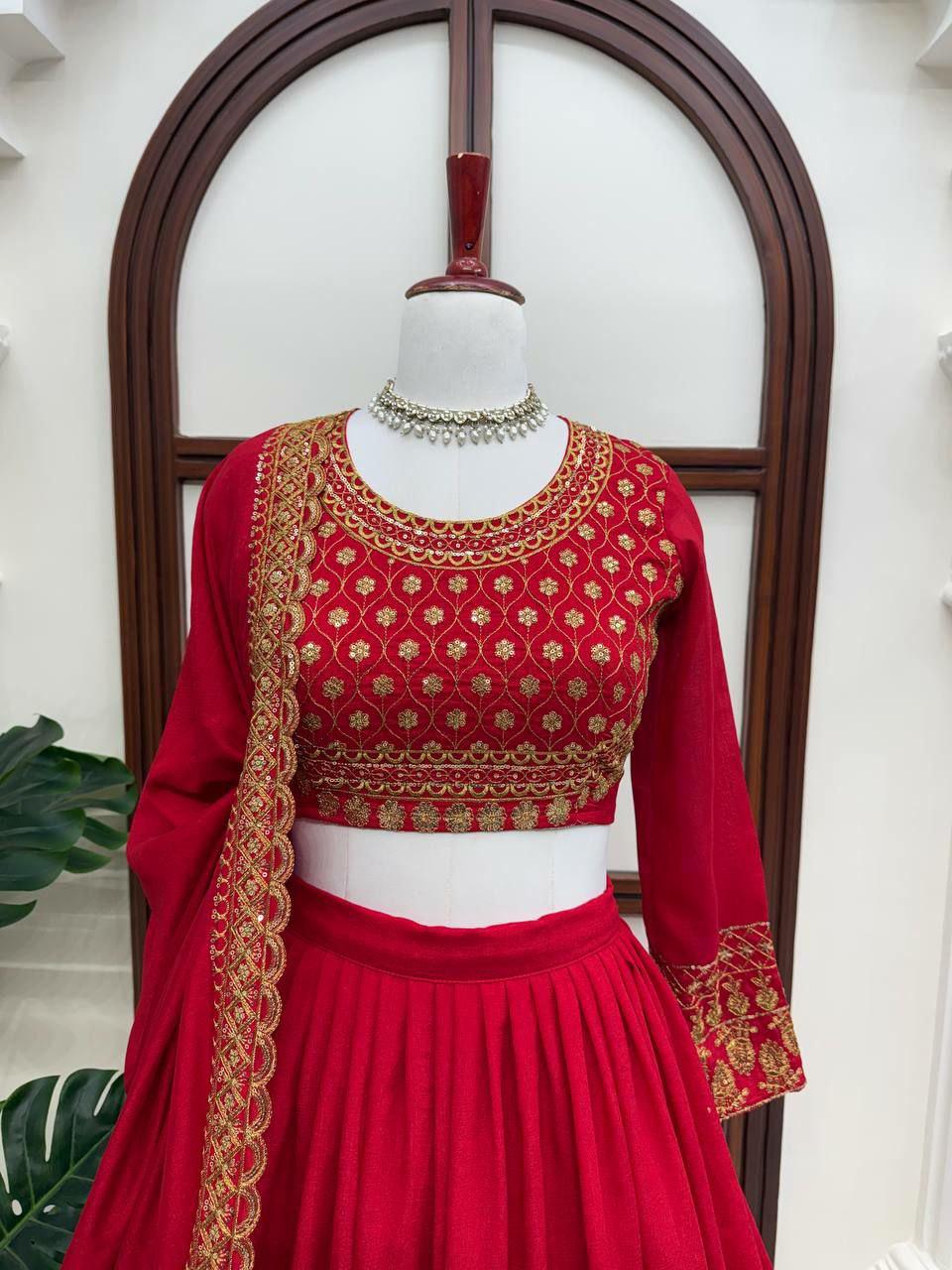 Vichitra Silk Lehenga Choli Set | Embroidered Wedding Bridal Wear, Fully Stitched Dupatta