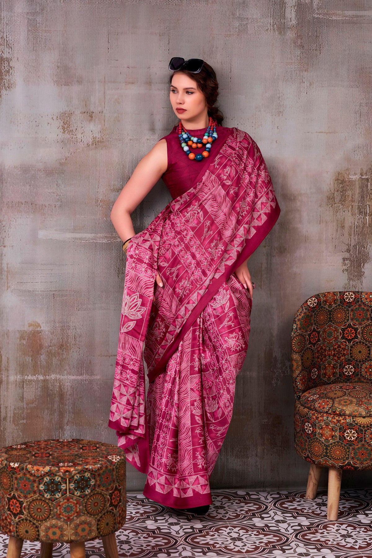 Satin Silk Printed Saree with Unstitched Blouse, Elegant Indian Festive Wear