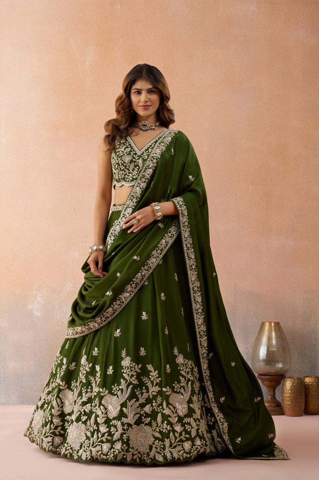 Olive Tissue Lehenga Choli Set, Sequins Zari Embroidery, Bridal Party Wear
