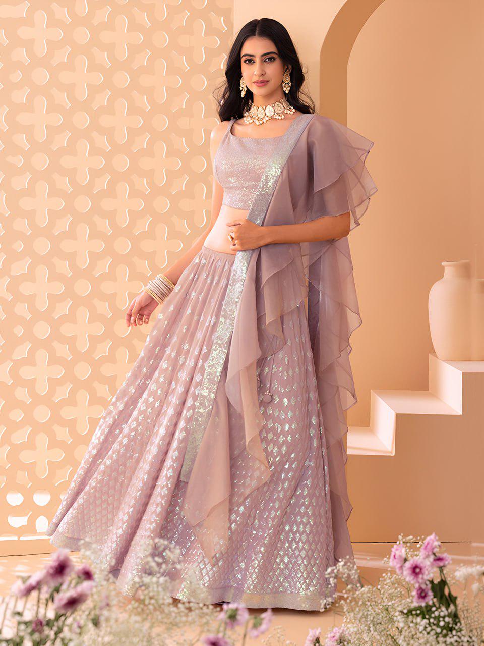 Blush Pink Sequin Embroidered Lehenga Choli Set | Organza Ruffle Dupatta, Wedding Wear