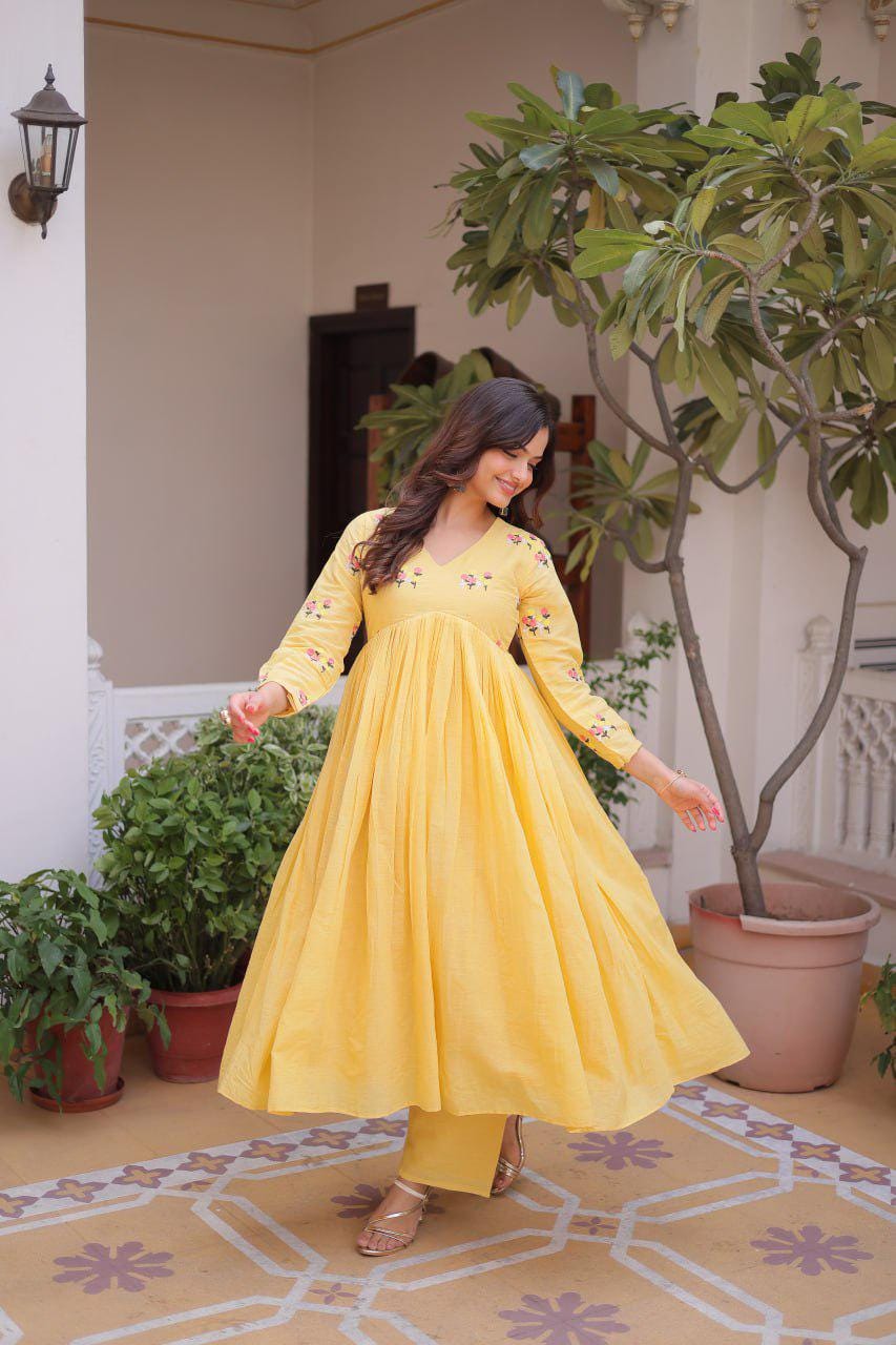 Embroidered Cotton Kurti Pant Set, V Neck Long Sleeve Indian Ethnic Wear
