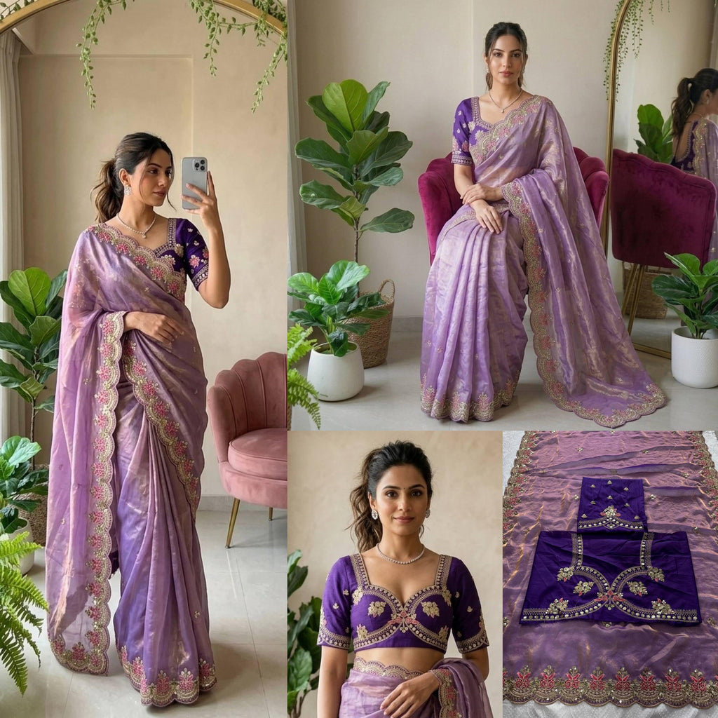 Fendy Satin Silk Saree | Embroidered Butti, Cutwork Border, Designer Wedding Wear