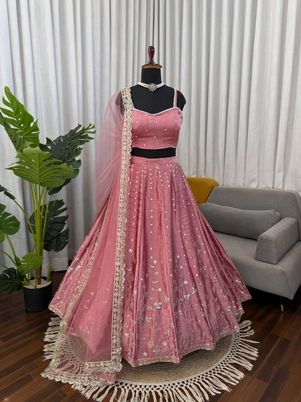 Japan Satin Lehenga Choli Set, Sequins Dori Work, Bridal Wedding Party Wear Fully Stitched