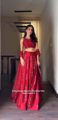 Red Malai Satin Silk Lehenga Set, Thread Embroidery, Real Mirror Work, Voluminous Flair