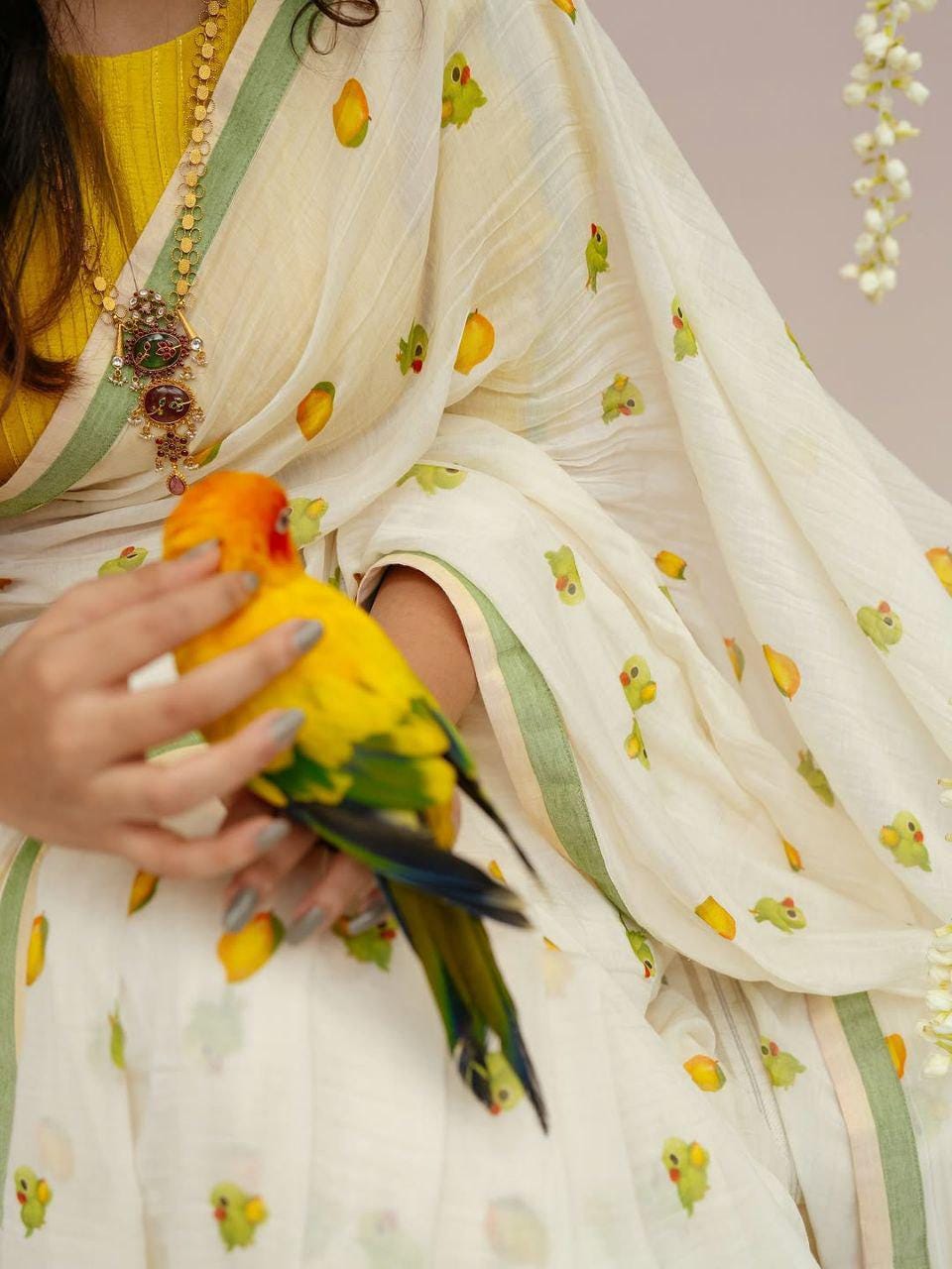 Linen Saree, Mango Parrot Digital Print, Festive Casual Indian Wear, Tassels, Blouse Piece