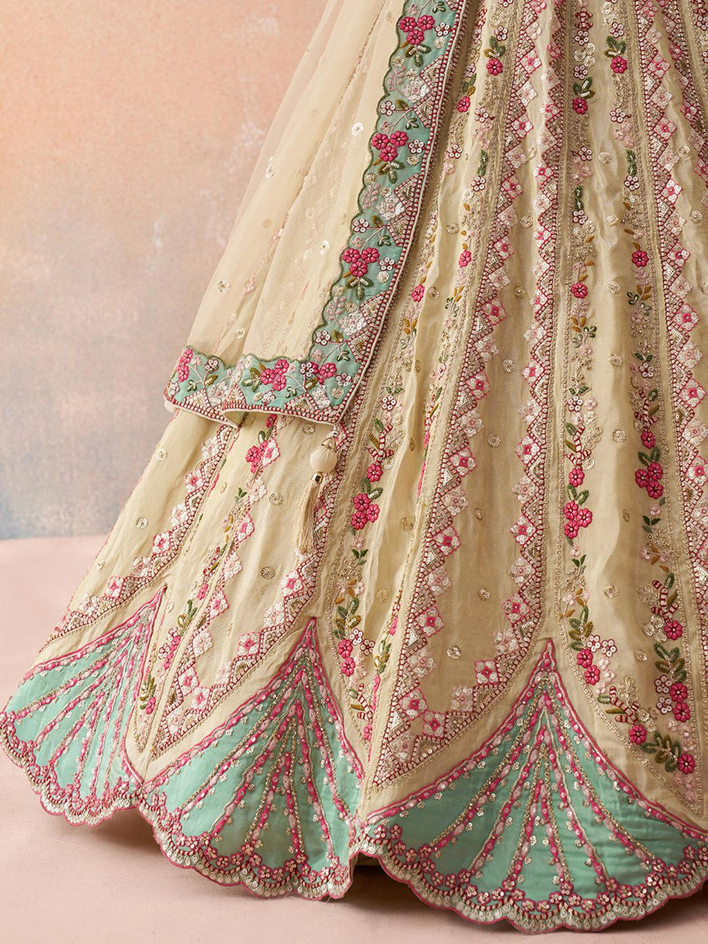 Cream Tissue Lehenga Choli Set, Sequins Embroidery, Wedding Party Wear