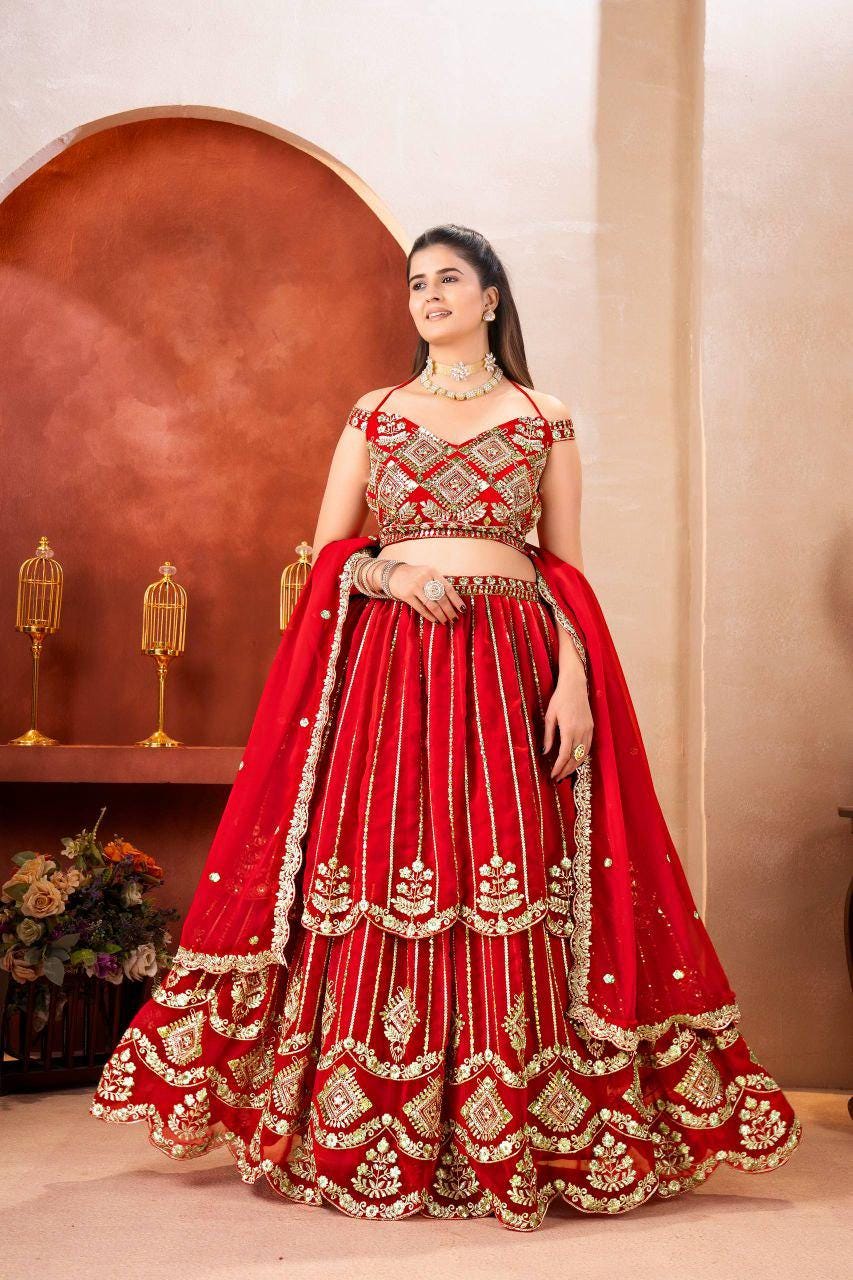 Red Faux Georgette Lehenga Choli | Sequins Zari Embroidery Bridal Set