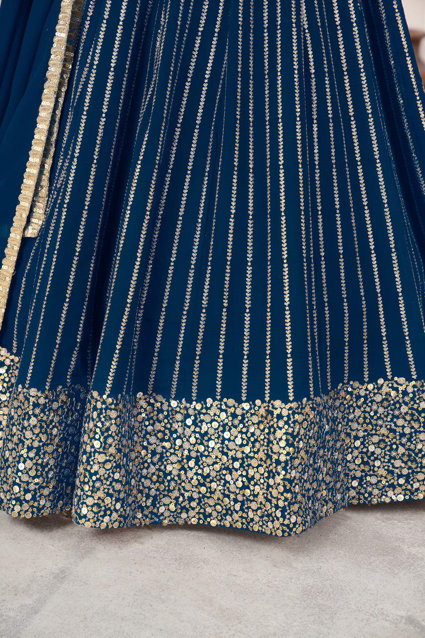 Navy Blue Georgette Lehenga Choli Set | Zari Sequins Embroidery, A-Line (Semi-Stitched)