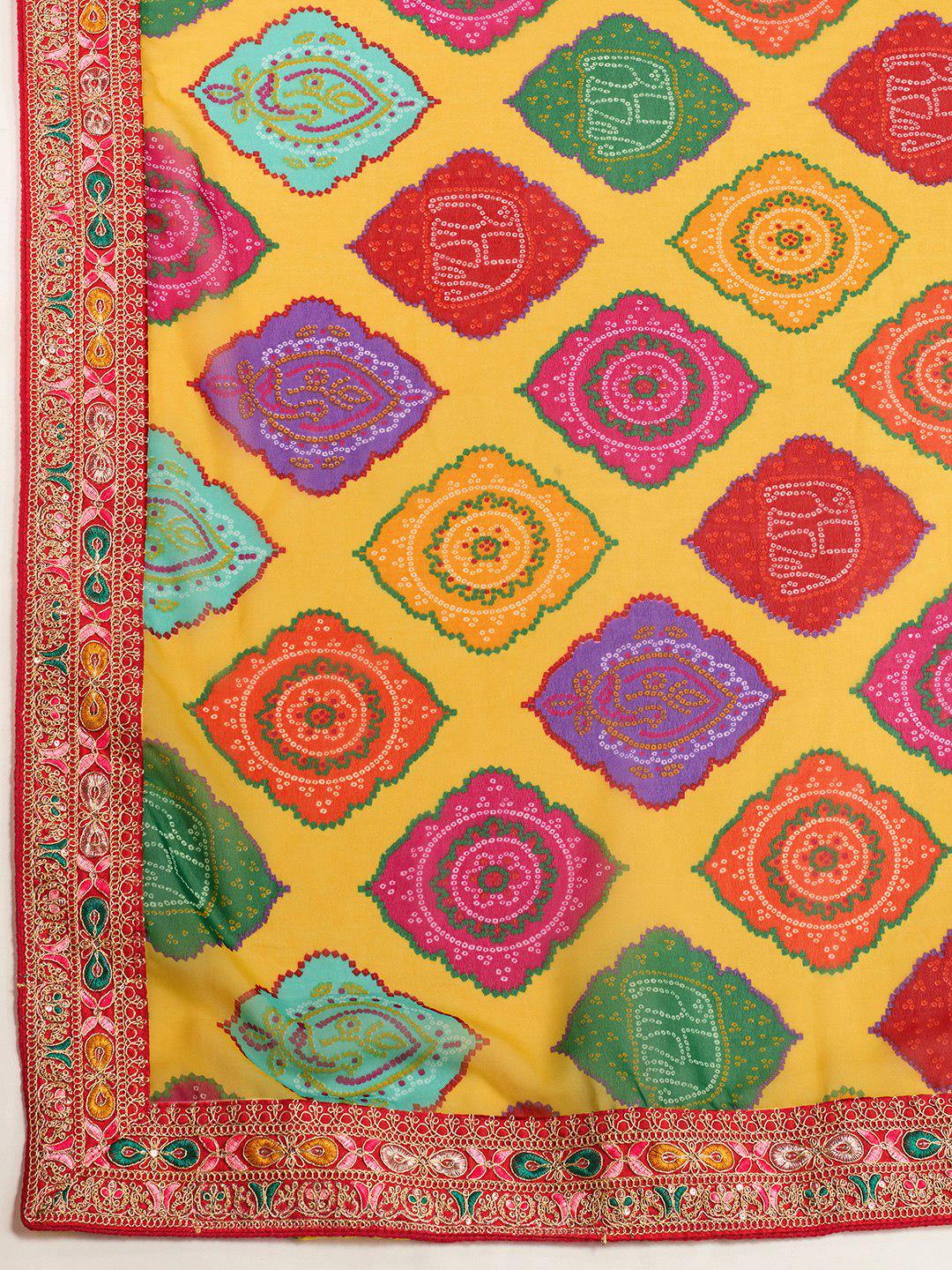 Rajwadi Bandhej Print Georgette Saree | Heavy Embroidered Lace Border, Silk Blouse Piece