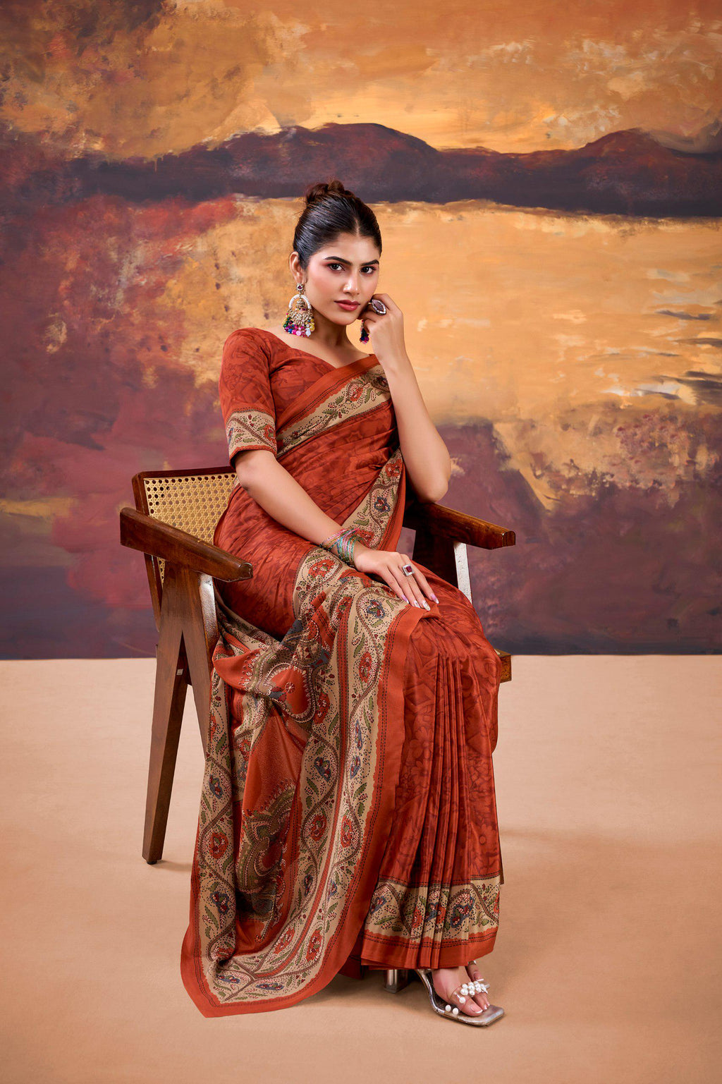 Crepe Printed Saree with Unstitched Blouse, Lightweight Festive Party Wear
