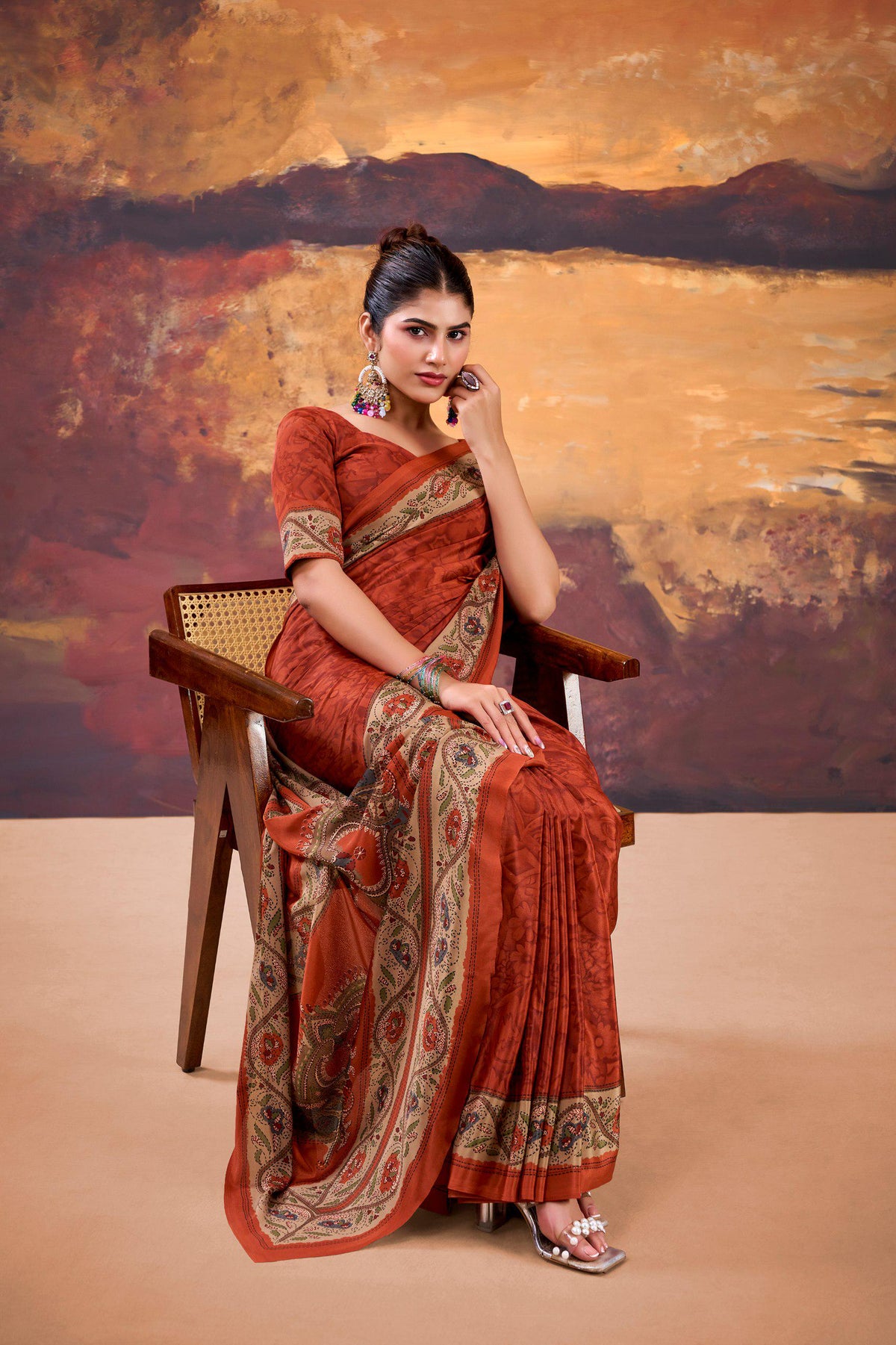 Crepe Printed Saree with Unstitched Blouse, Lightweight Festive Party Wear