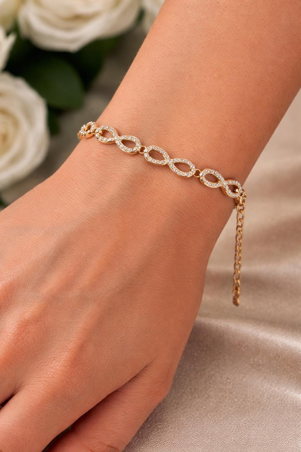 Gold Infinity Bracelet, Sparkling Crystal Accents, Stainless Steel, Adjustable Wrist Jewelry