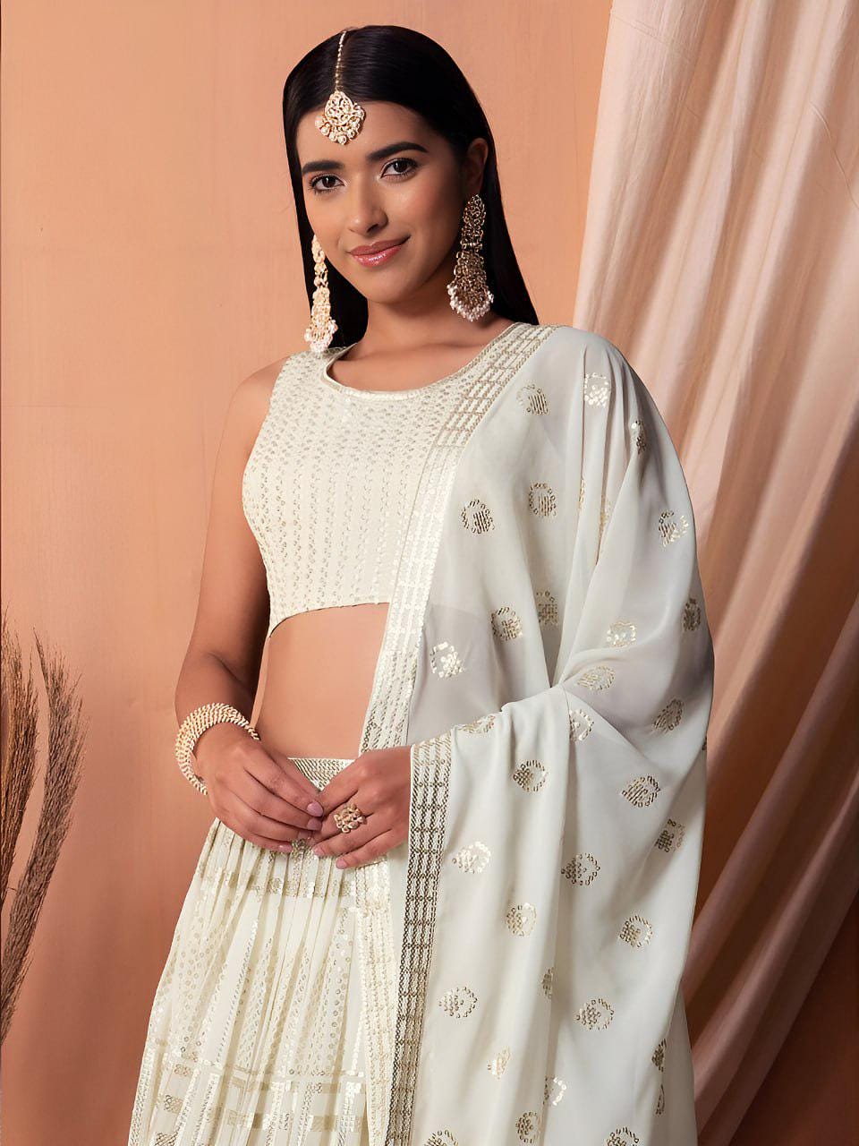 Ivory Georgette Lehenga Choli Set | Sequin Embroidered Wedding Bridal Outfit