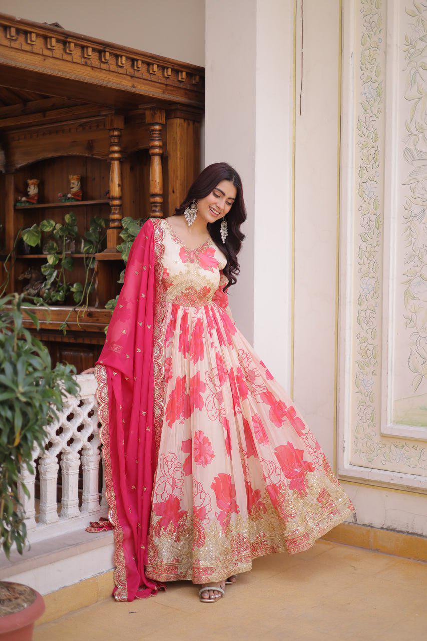 Russian Silk Anarkali Gown, Digital Print, Zari Sequins Embroidery, Flared Ethnic Dress