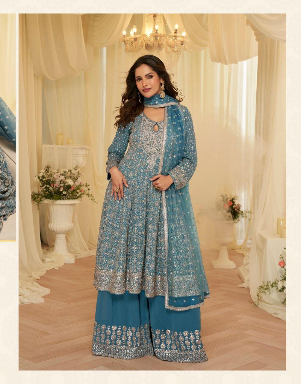 Georgette Palazzo Suit | Zari Thread Sequin Embroidery | Fully Stitched Party Wear Salwar Kameez Net Dupatta