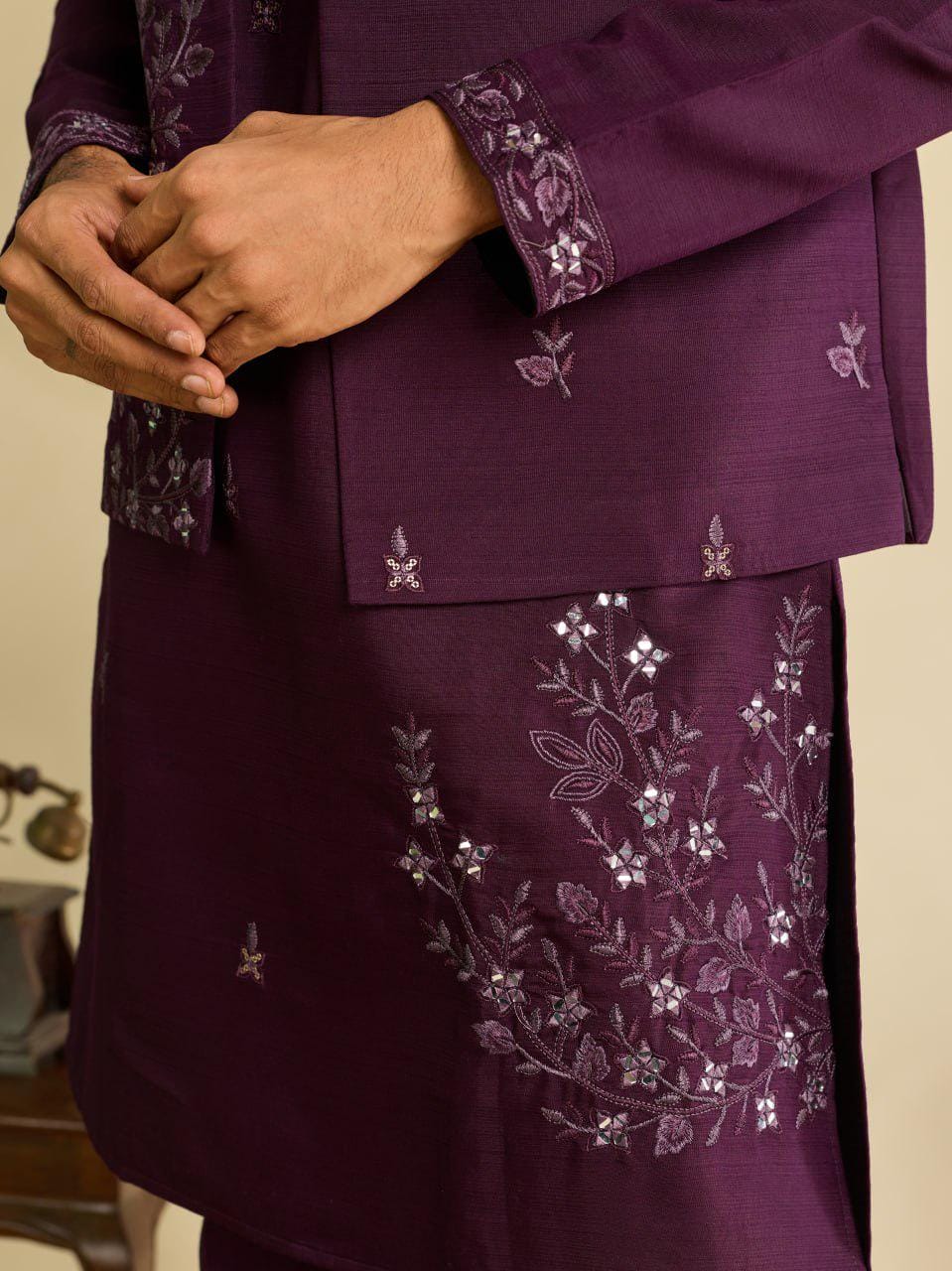 Art Silk Kurta Koti Pant Set | Mirror Work Embroidery Festive Wear