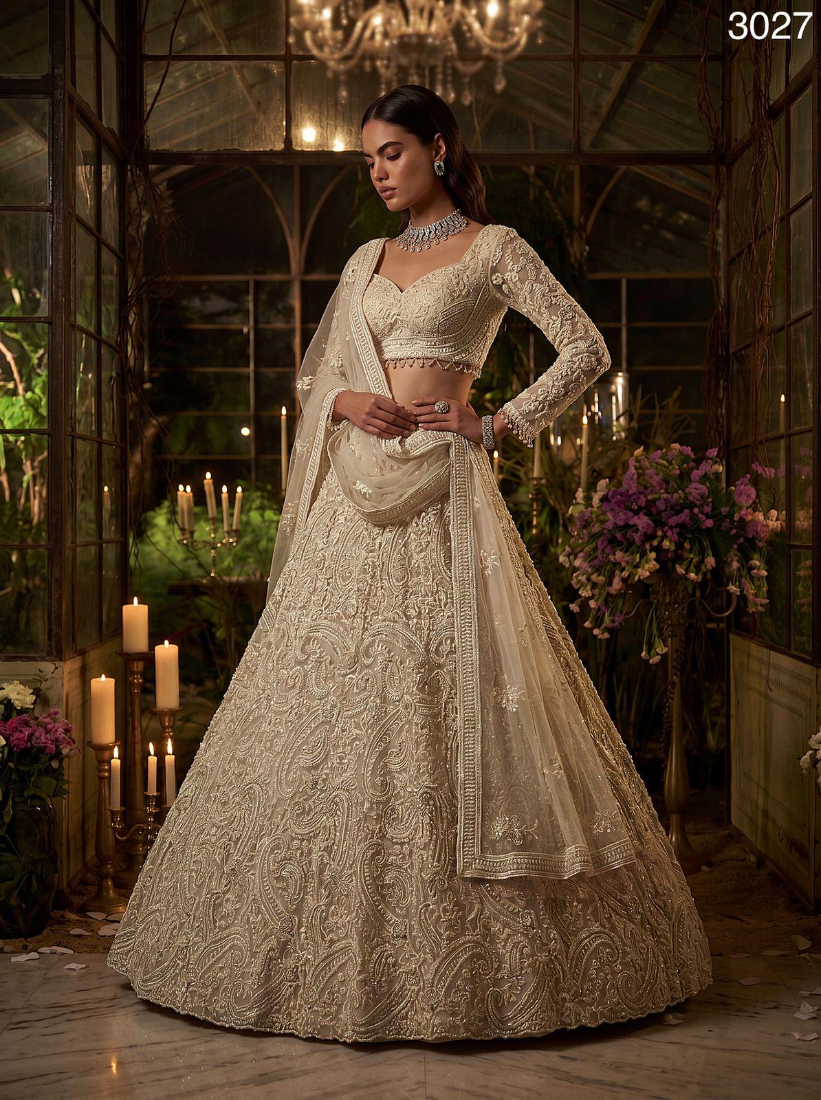 Heavy Net Bridal Lehenga Choli, Paisley Pearl Sequin Work, 5 Meter Flare Couture Set