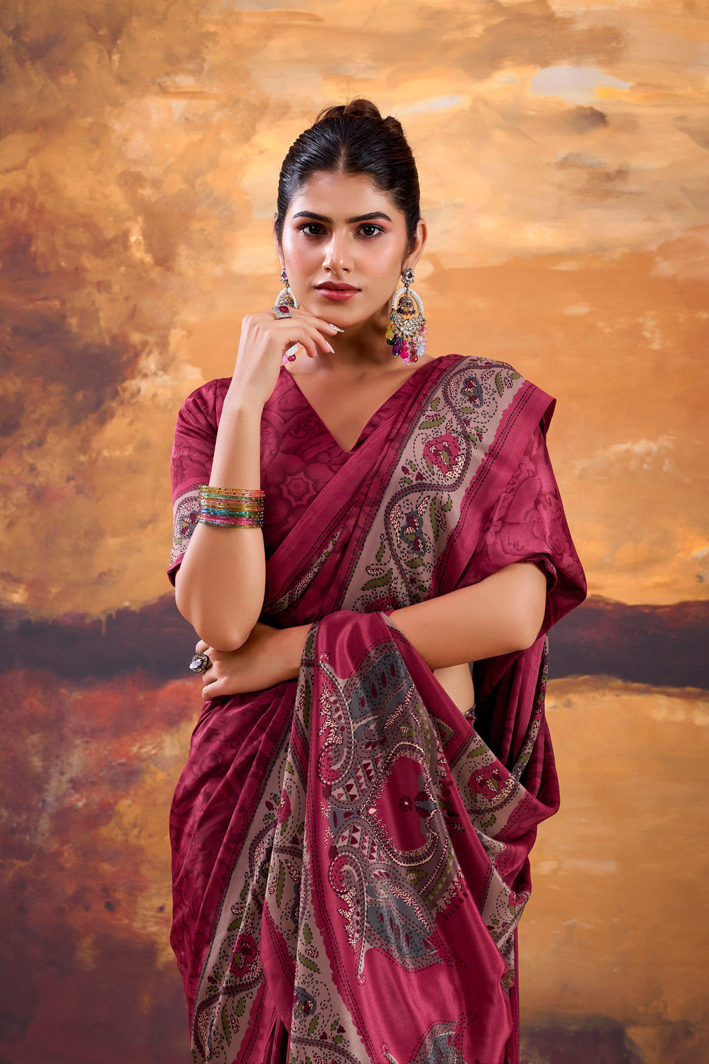 Crepe Printed Saree with Unstitched Blouse, Lightweight Festive Party Wear