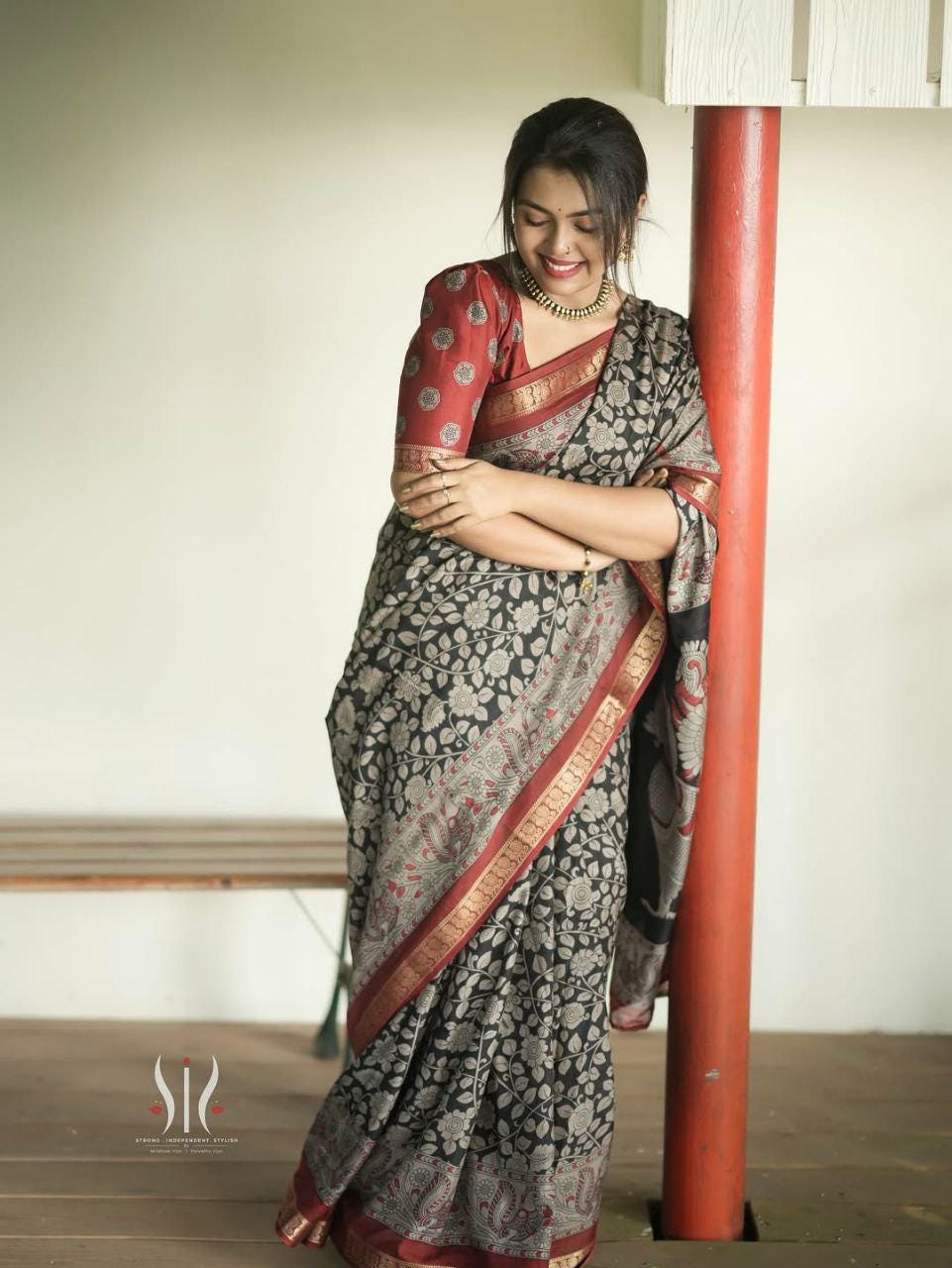 Soft Black Dola Silk Saree with Pen Kalamkari Art