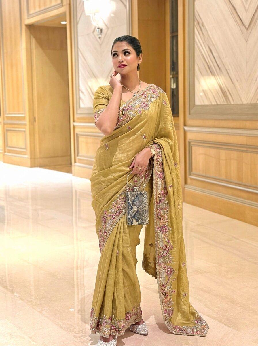 Soft Tissue Chiffon Silk Saree with Zarkan Embroidery | Designer Wedding Party Wear Blouse