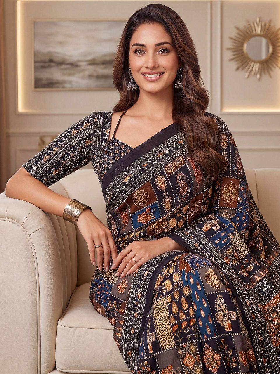 Chinon Ajrak Print Saree with Real Mirror Work | Wedding Festive Wear (Unstitched Blouse)