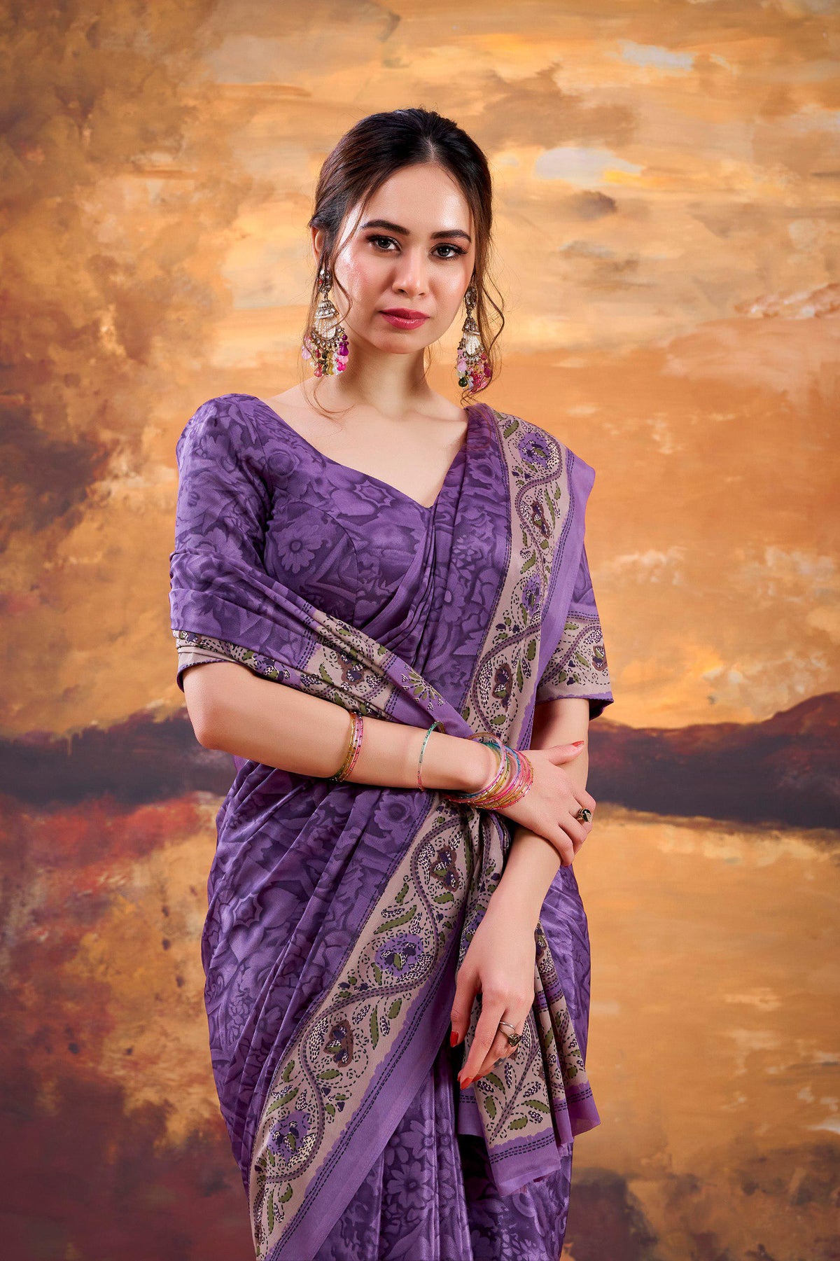 Crepe Printed Saree with Unstitched Blouse, Lightweight Festive Party Wear