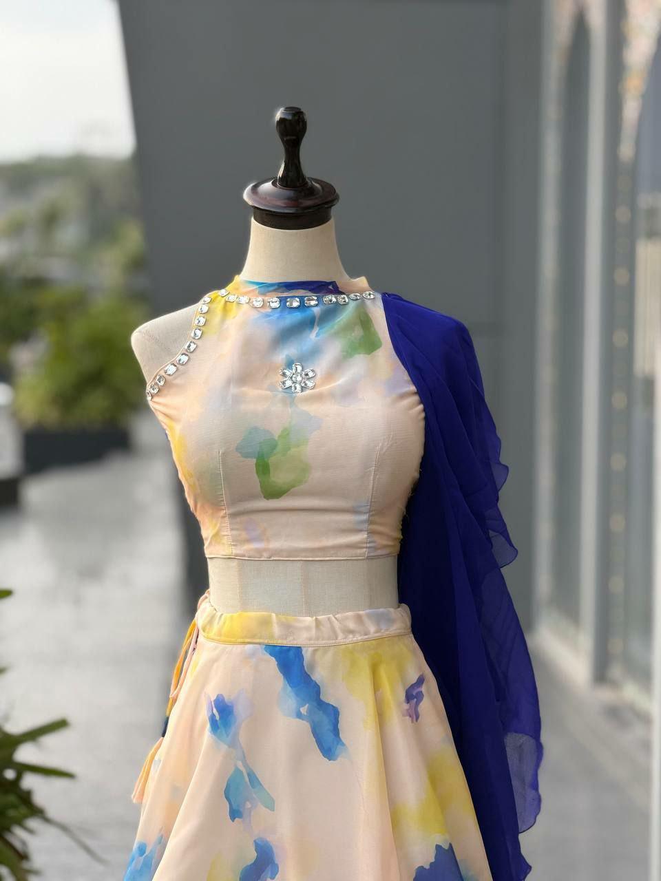 Printed Jimmy Organza Lehenga Choli Set | 8 Meter Flare Digital Print, Stone Work, Georgette Dupatta