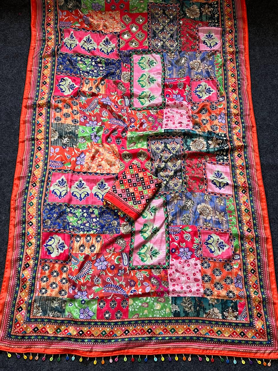 Ajrakh Print Roman Silk Saree, Real Mirror Work, Designer Ethnic Party Wear Blouse