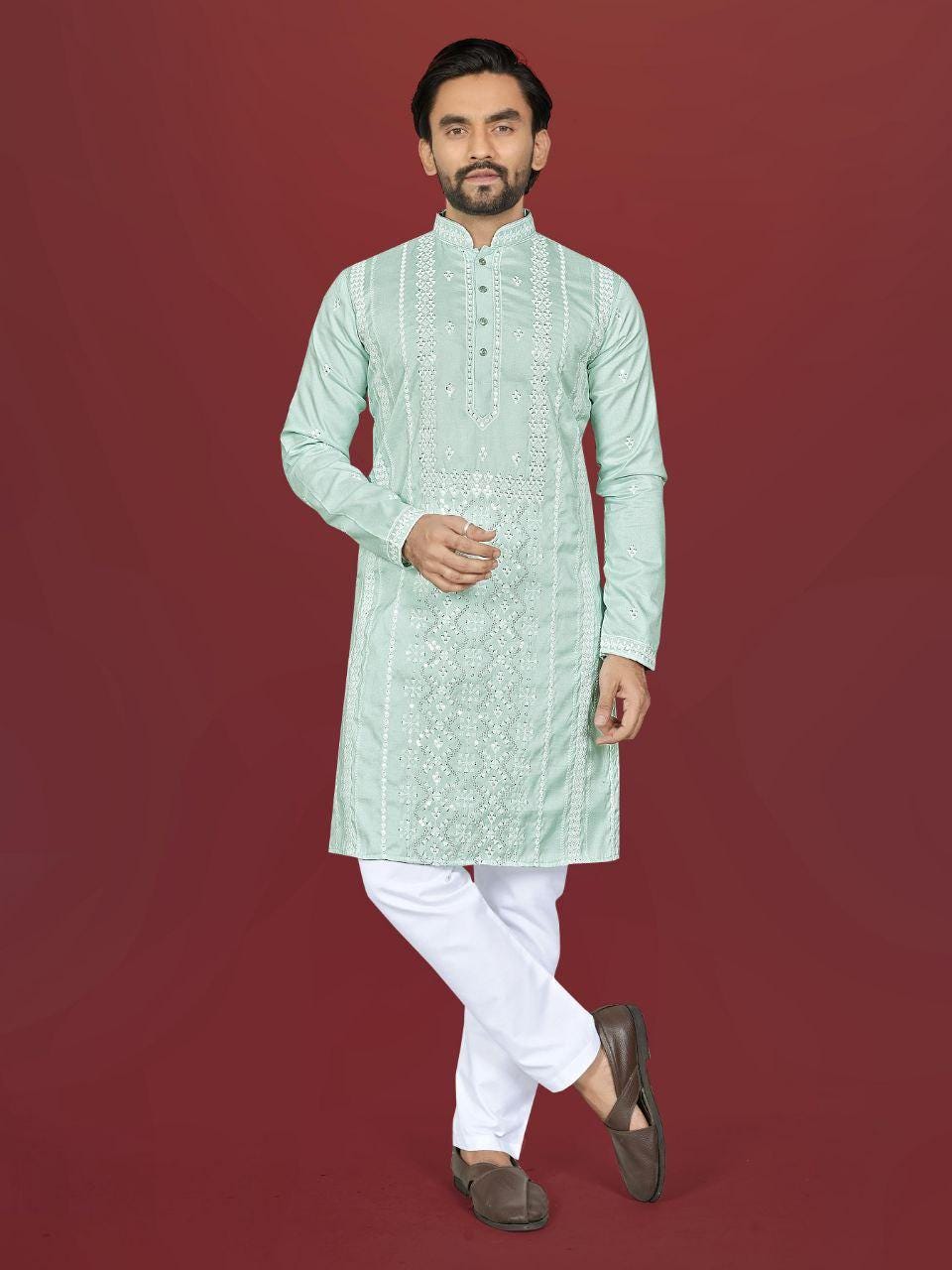 Men's Silk Kurta Pajama Set | Embroidered Silver Sequin Work, Festive Wear