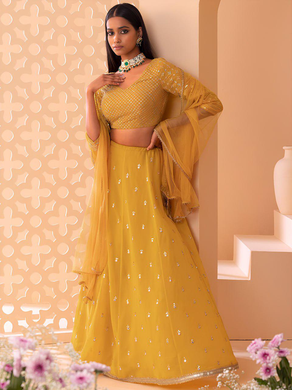Mustard Yellow Heavy Georgette Lehenga Choli | Zari Sequin Embroidered Festive Wear Net Dupatta