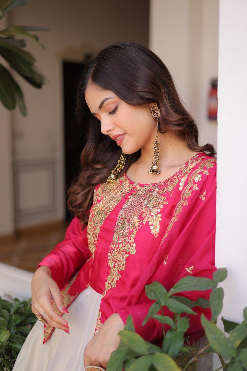 Glass Roman Anarkali Gown Set, Sequins Embroidery, Tabby Silk Dupatta, Festive Wear