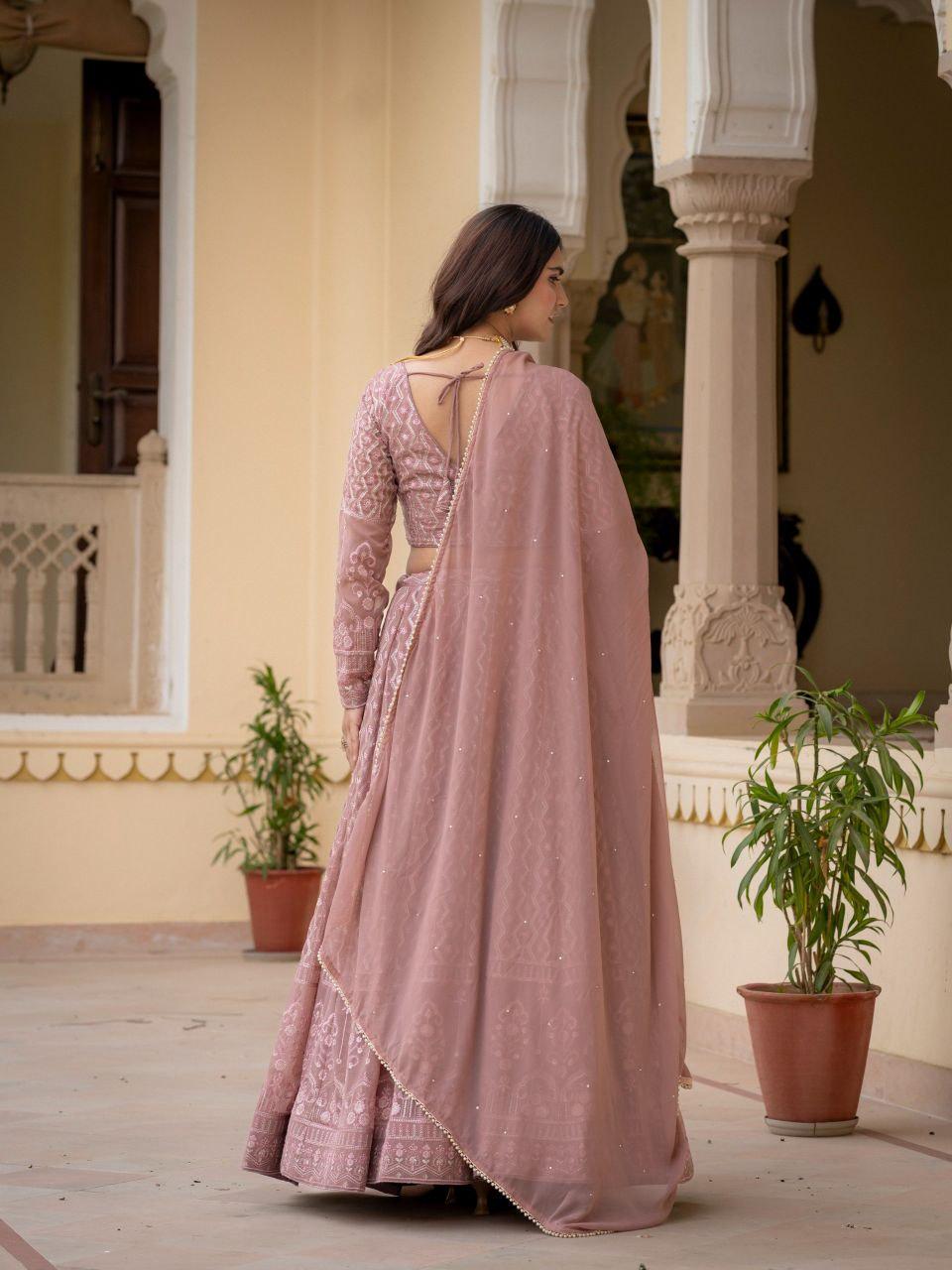 Rosy Brown Faux Georgette Lehenga Choli | Zari Sequin Embroidery, 3.5M Flair, Indian Party Wear