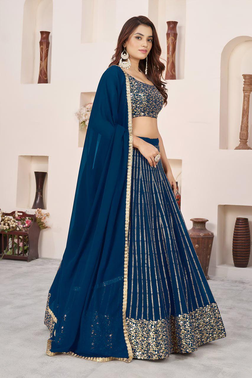 Navy Blue Georgette Lehenga Choli Set | Zari Sequins Embroidery, A-Line (Semi-Stitched)