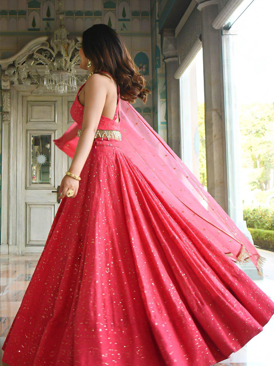 Coral Pink Georgette Lehenga Choli Set | Thread Sequins Embroidered Dupatta