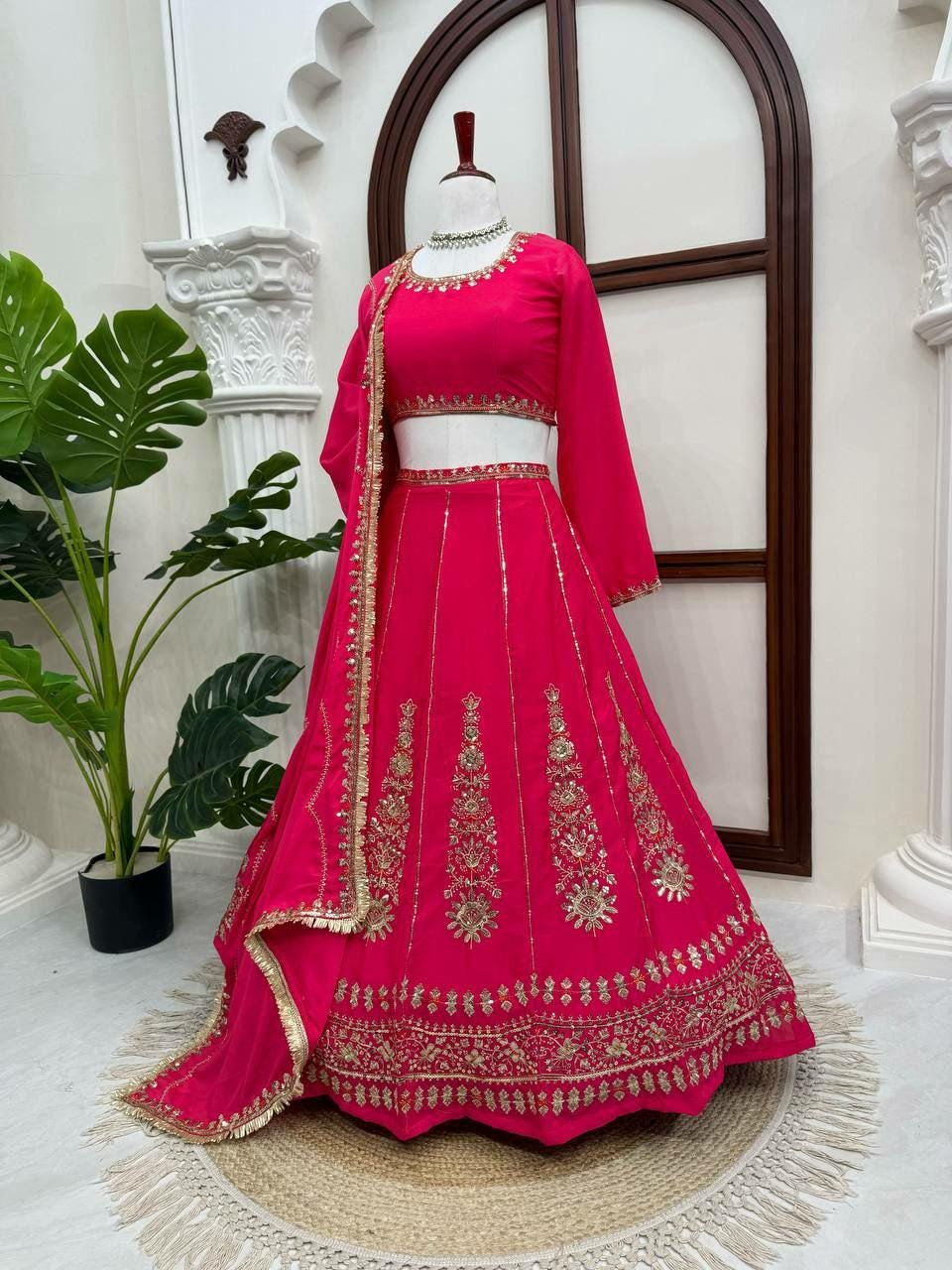 Embroidered Chinon Lehenga Choli Set | Wedding Festive Wear, Sequin Work Dupatta