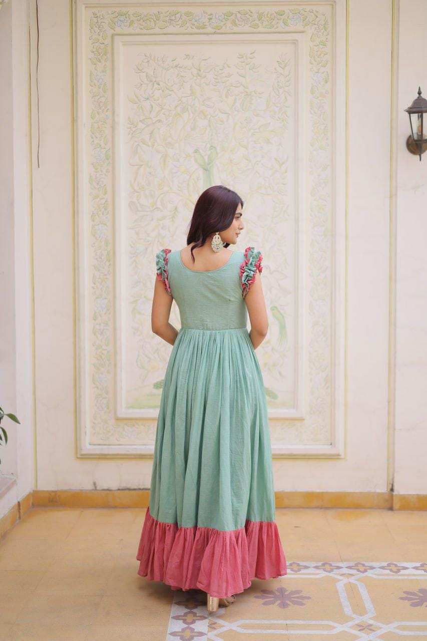 Cotton Anarkali Gown, Sequins Beads Embroidery, Festive Party Dress