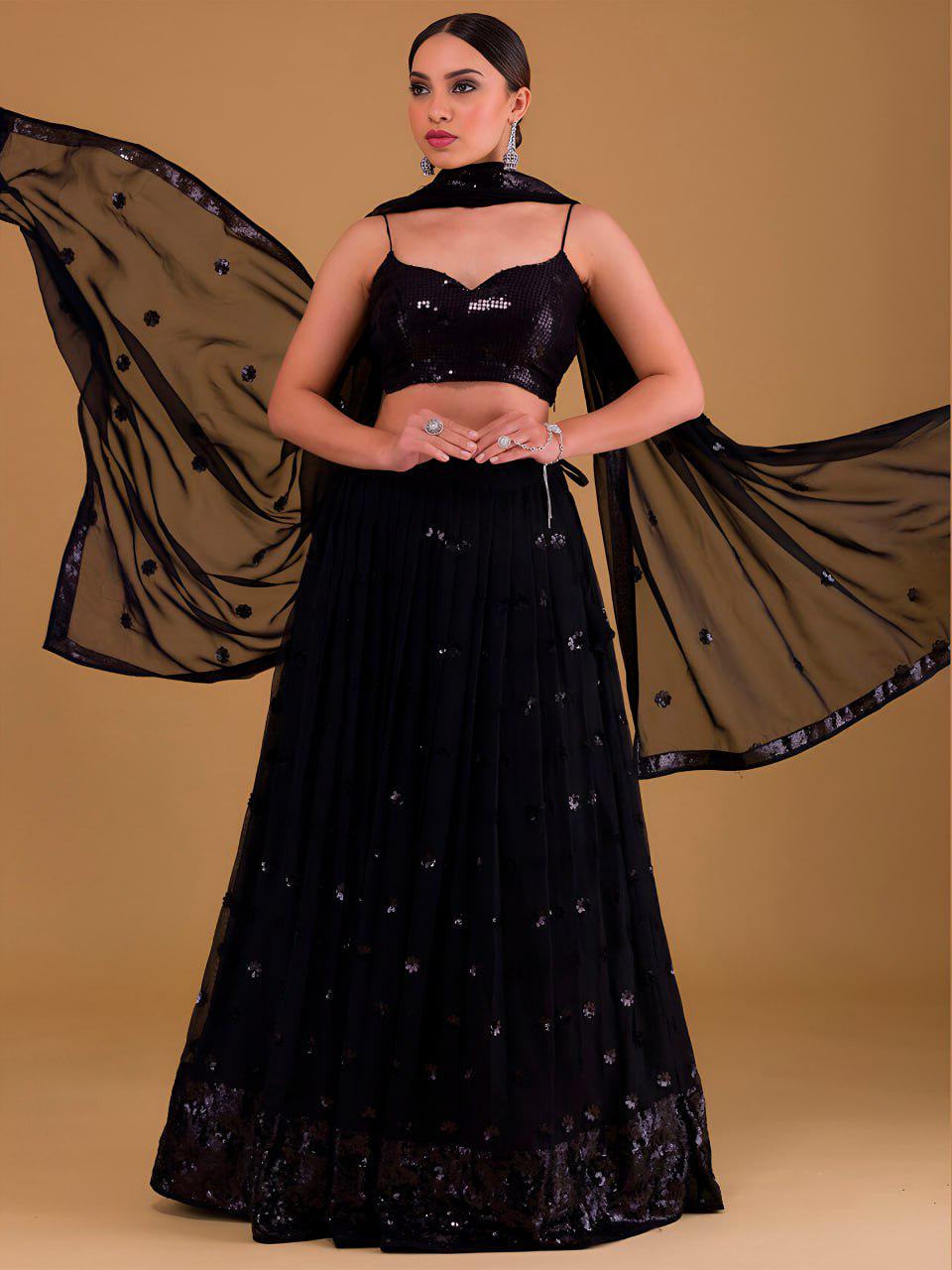 Black Heavy Georgette Lehenga Choli Set | Sequins Embroidered Wedding Outfit
