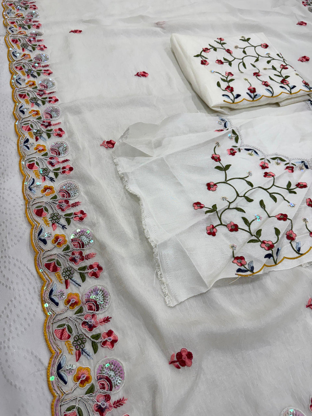 Crush Silk Embroidered Saree with Cutwork Border | Festive Wedding Wear, Mono Banglory Silk Blouse