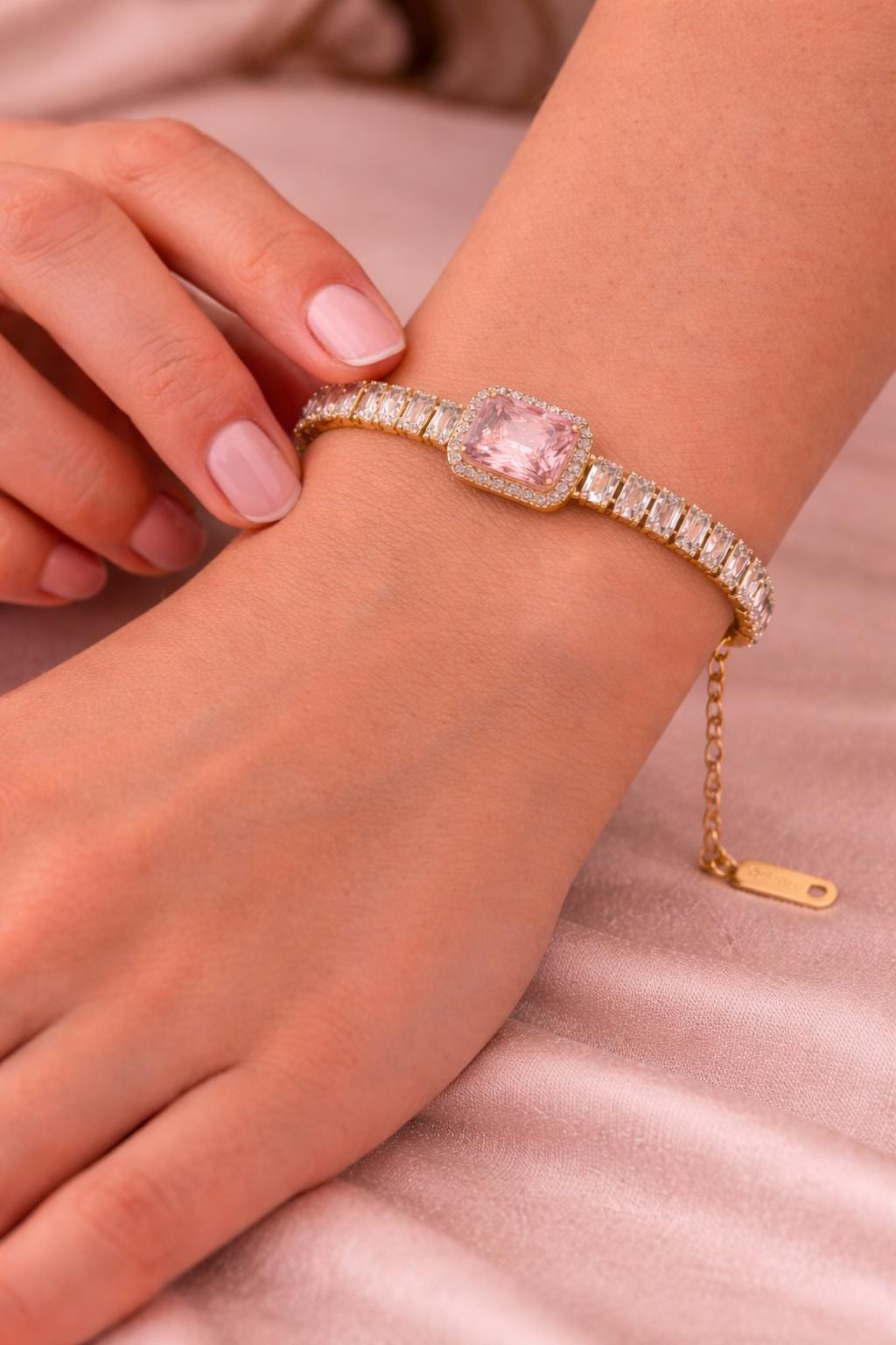 Pink Baguette Crystal Tennis Bracelet, Gold Stainless Steel, Waterproof Bridal Jewelry