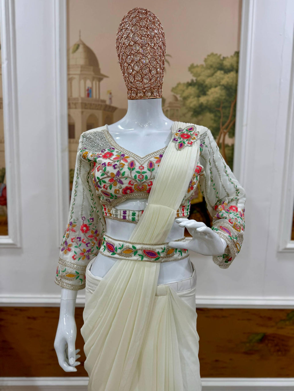 Ready to Wear Faux Georgette Saree with Embroidered Blouse, Hand Work Ethnic Outfit