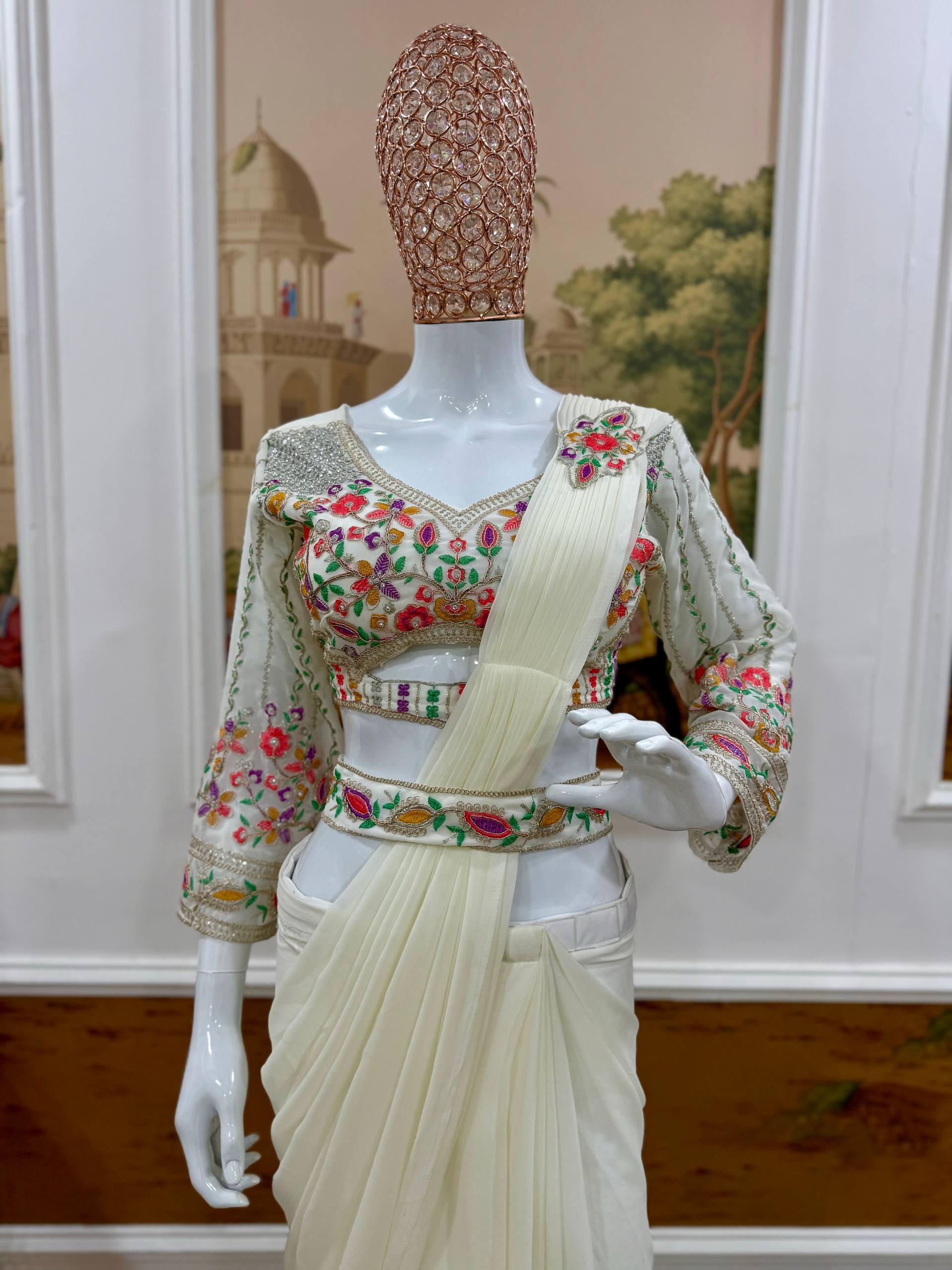 Ready to Wear Faux Georgette Saree with Embroidered Blouse, Hand Work Ethnic Outfit