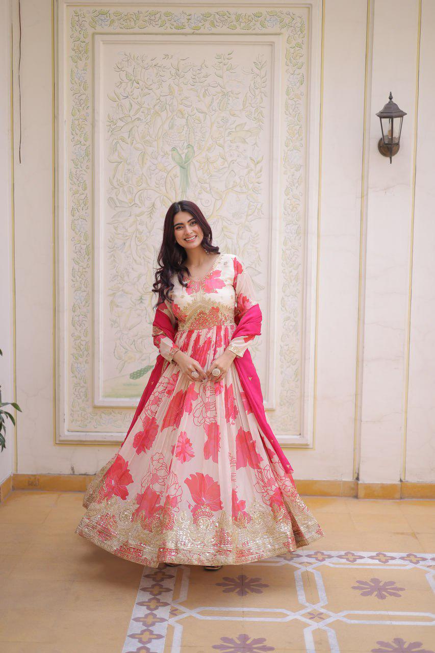 Russian Silk Anarkali Gown, Digital Print, Zari Sequins Embroidery, Flared Ethnic Dress