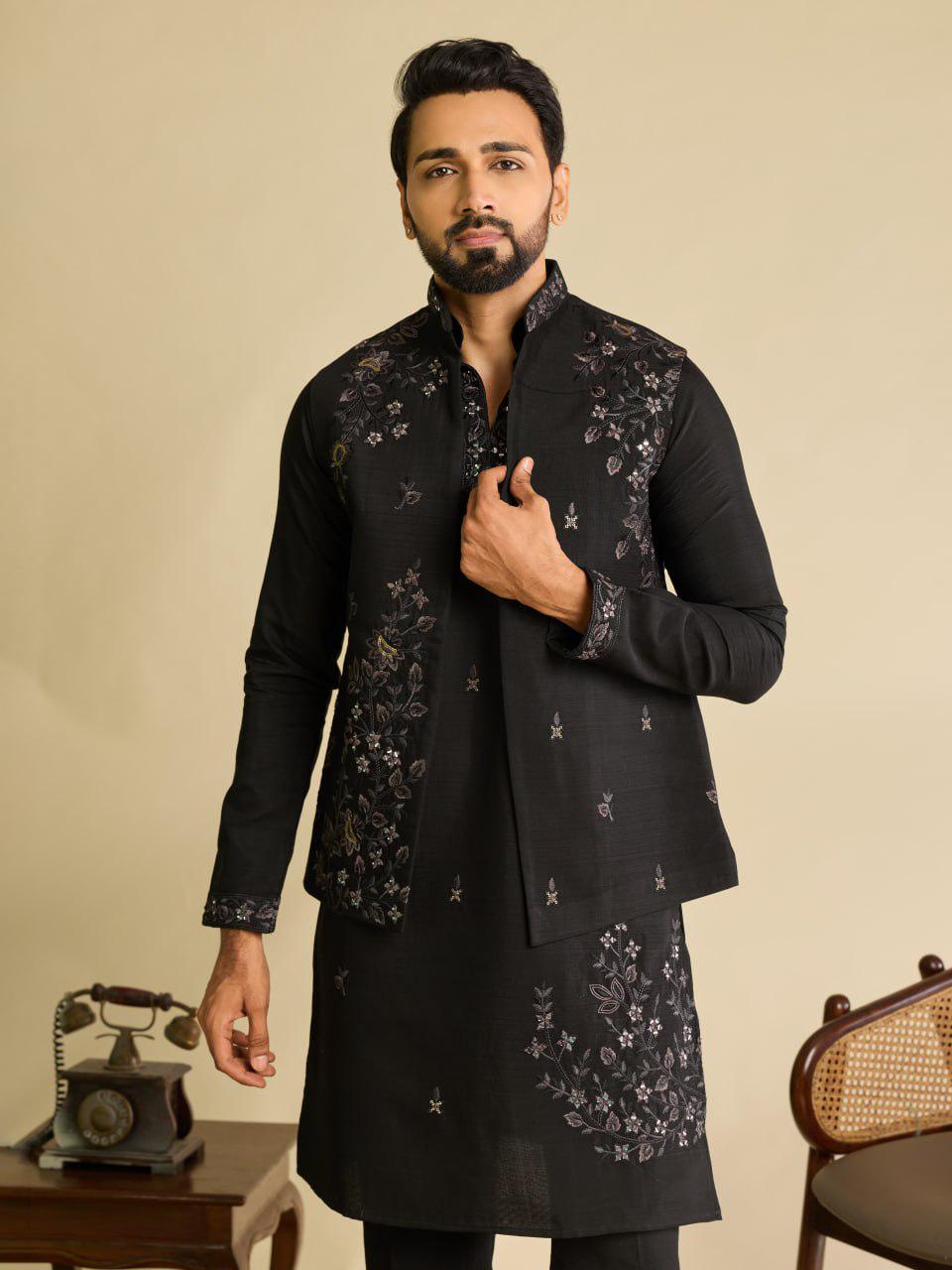 Art Silk Kurta Koti Pant Set | Mirror Work Embroidery Festive Wear