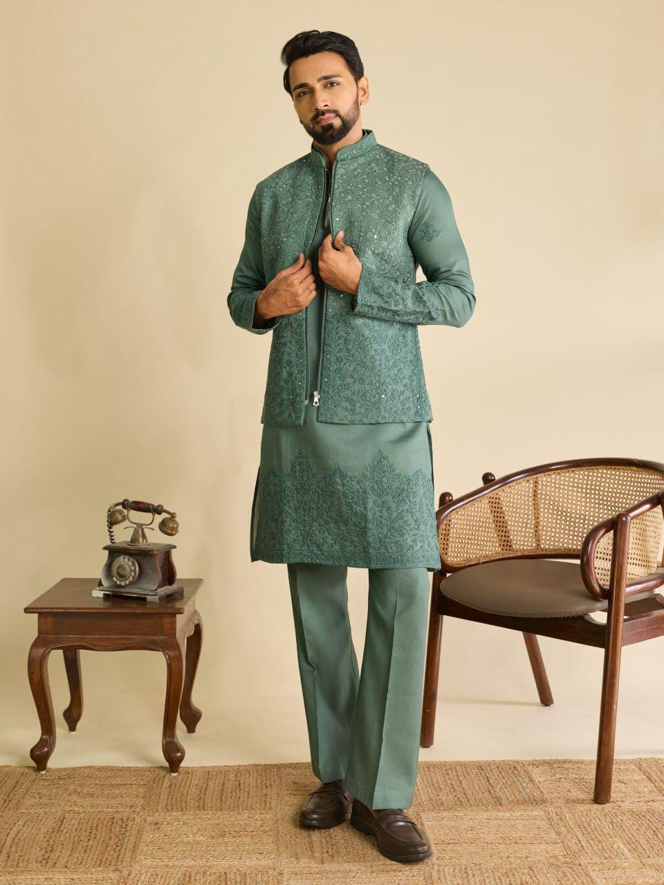 Art Silk Kurta Koti Set | Real Mirror Multi Thread Embroidery Wedding Outfit