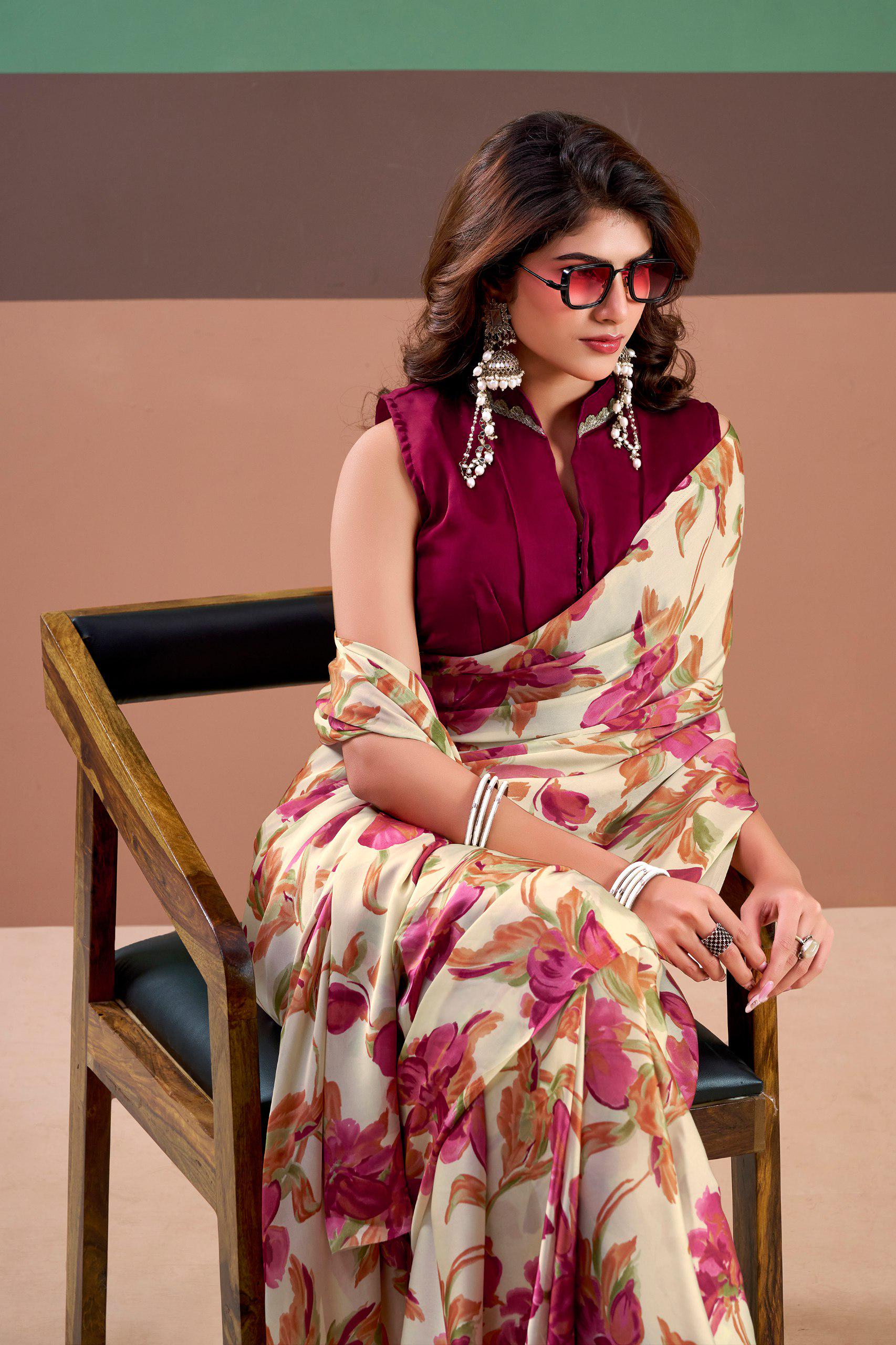 Satin Silk Floral Saree with Stitched Natural Silk Blouse, Indian Festive Party Wear