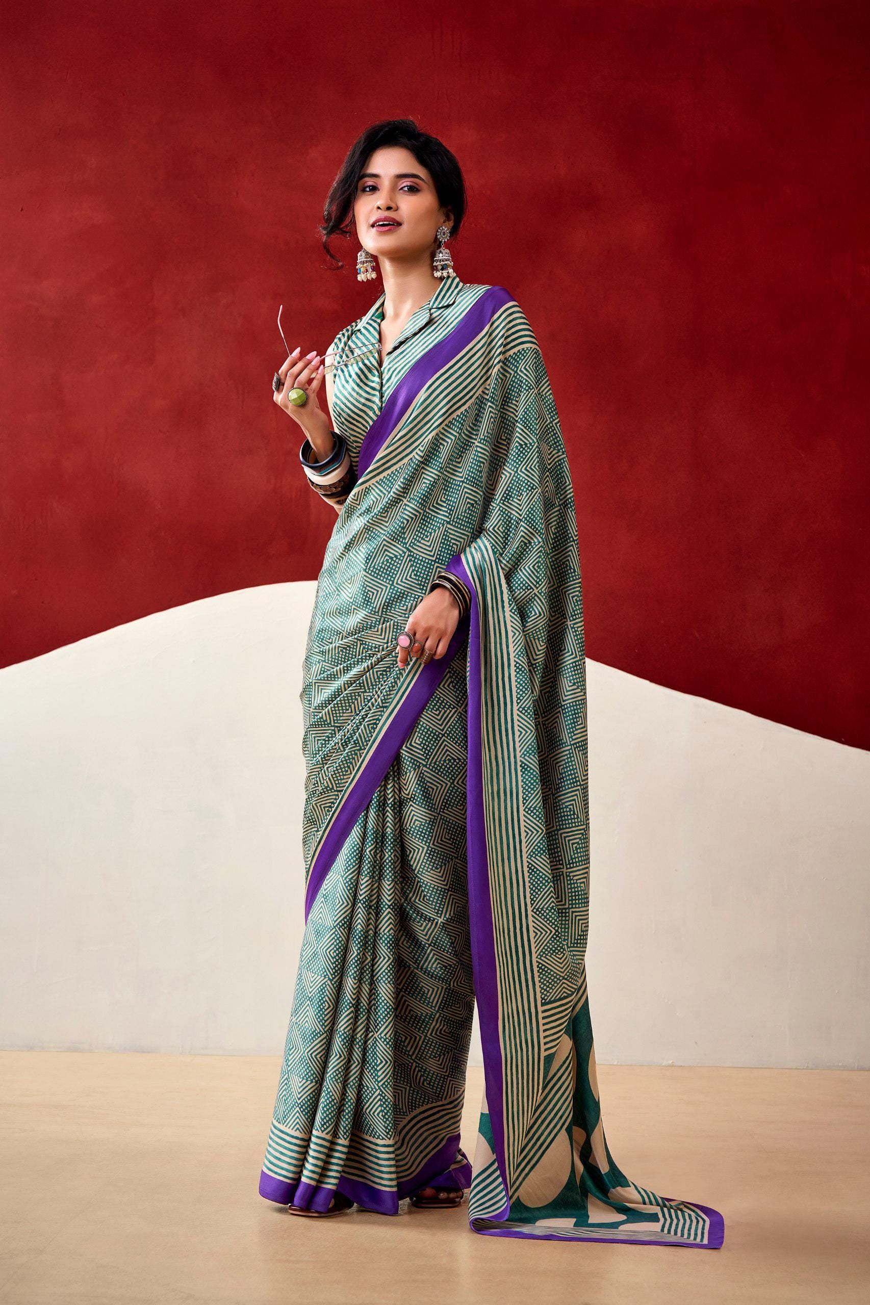 Dull Satin Printed Saree with Unstitched Blouse, Festive Party Wear Indian Saree