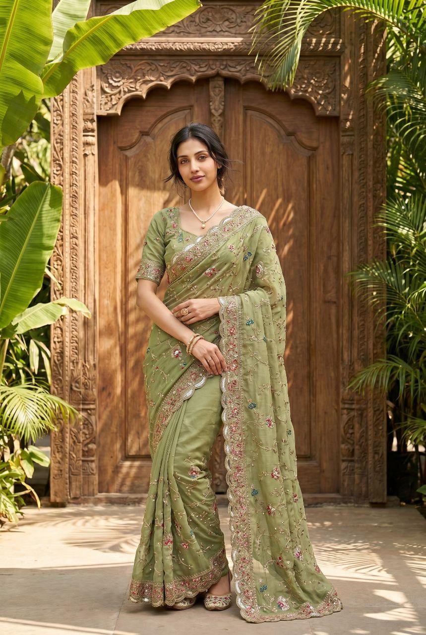 Star Georgette Embroidered Saree | Cutwork Border, Mono Banglory Silk Blouse (Festive Wear)