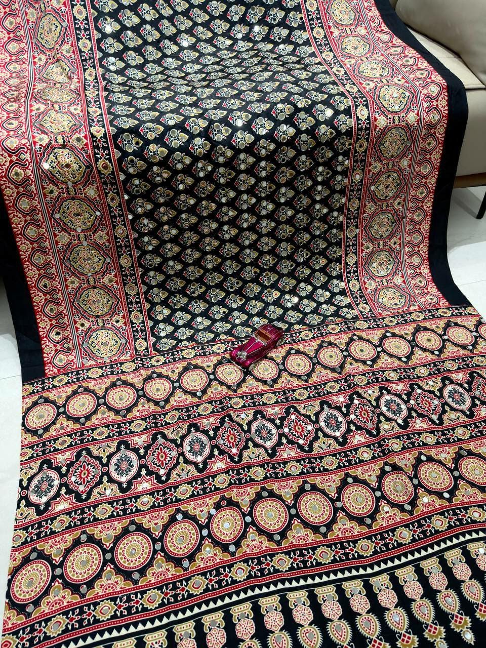 Soft Satin Silk Ajrakh Print Saree with Real Mirror Work | Festive Indian Wedding Wear