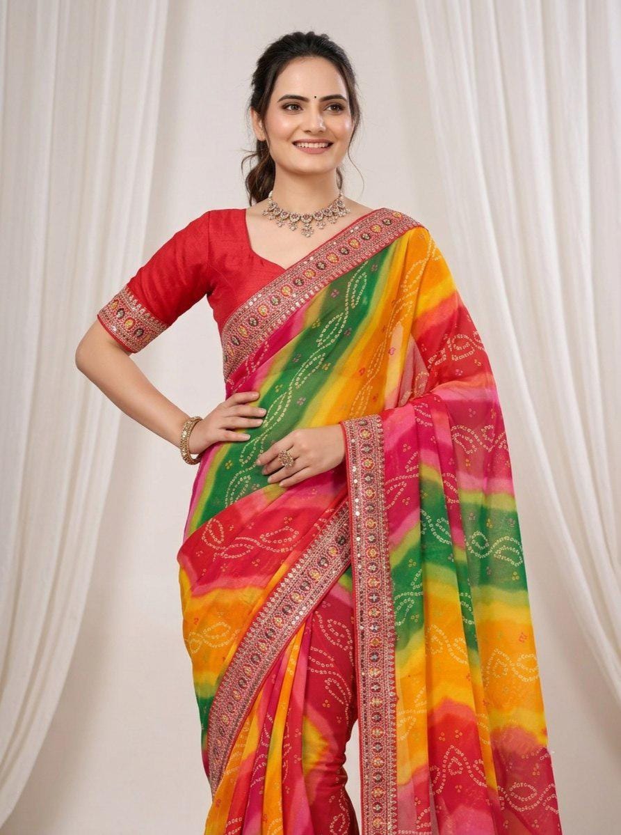 Digital Print Georgette Saree | Embroidered Lace Border, Silk Blouse (Digital Download)